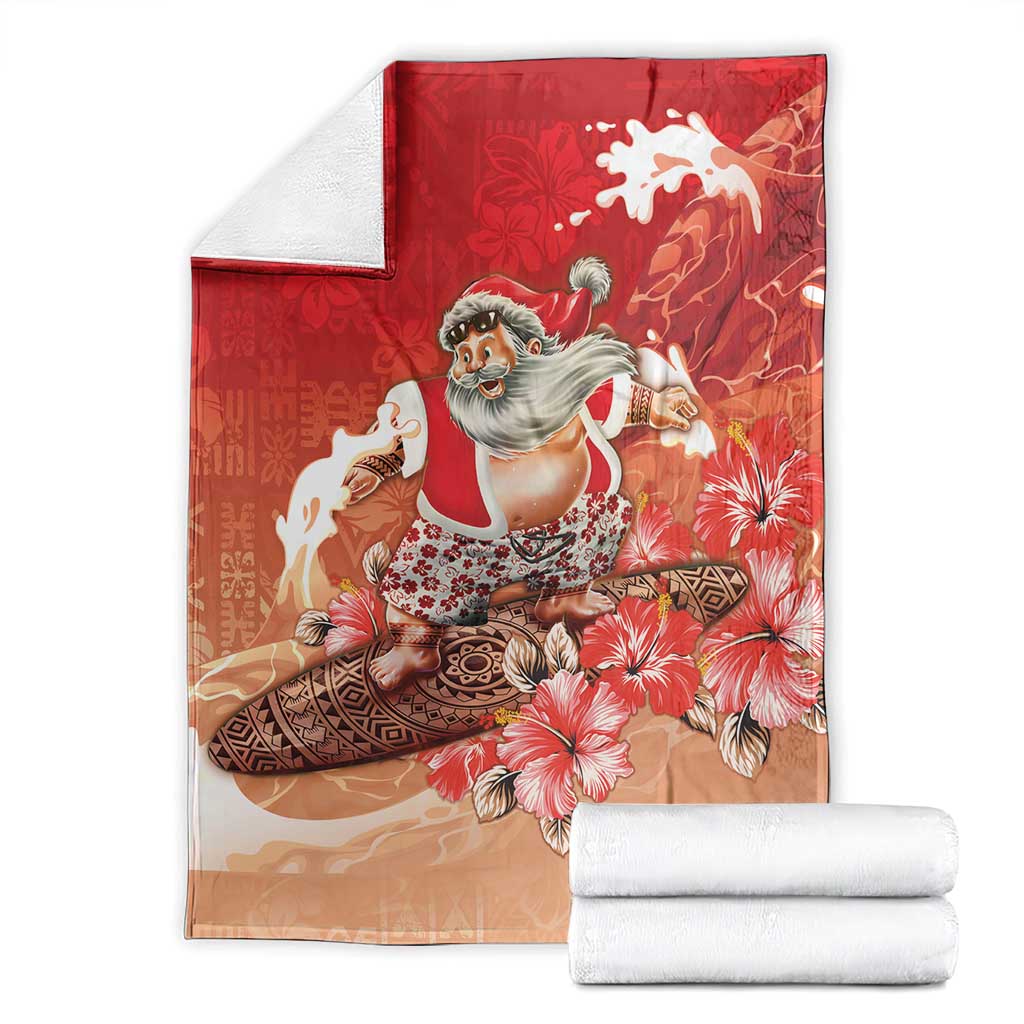 Hawaii Funny Christmas Blanket Santa Surfing With Tapa Pattern - Polynesian Pride