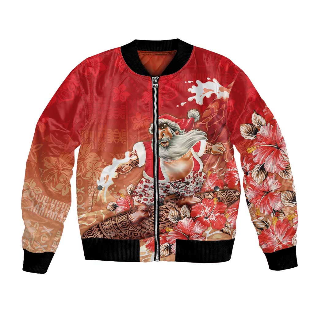 Hawaii Funny Christmas Bomber Jacket Santa Surfing With Tapa Pattern - Polynesian Pride