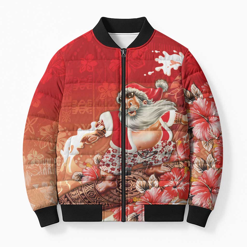 Hawaii Funny Christmas Bomber Puffer Jacket Santa Surfing With Tapa Pattern - Polynesian Pride