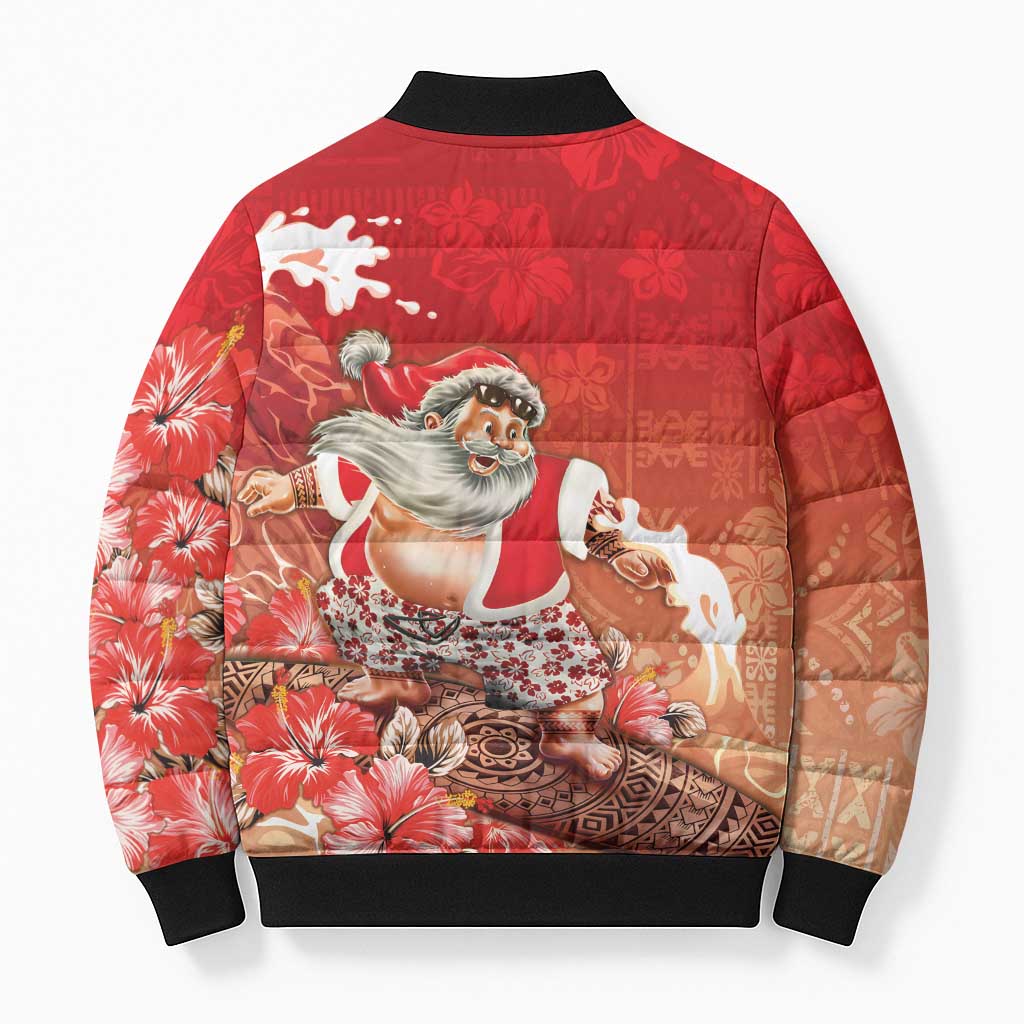 Hawaii Funny Christmas Bomber Puffer Jacket Santa Surfing With Tapa Pattern - Polynesian Pride