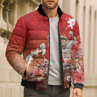 Hawaii Funny Christmas Bomber Puffer Jacket Santa Surfing With Tapa Pattern - Polynesian Pride