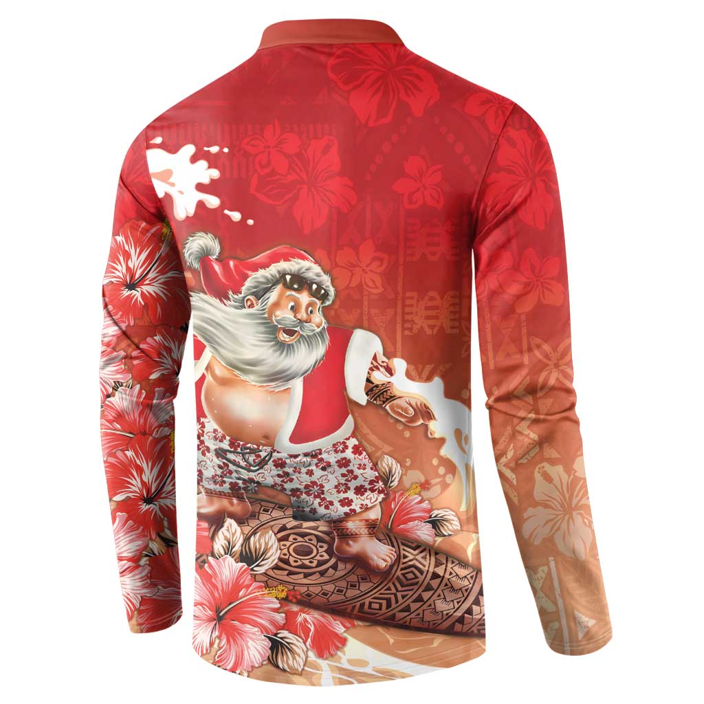 Hawaii Funny Christmas Button Sweatshirt Santa Surfing With Tapa Pattern - Polynesian Pride