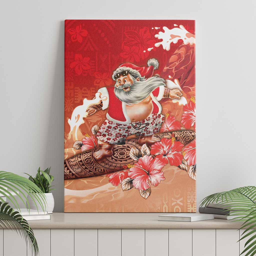 Hawaii Funny Christmas Canvas Wall Art Santa Surfing With Tapa Pattern - Polynesian Pride