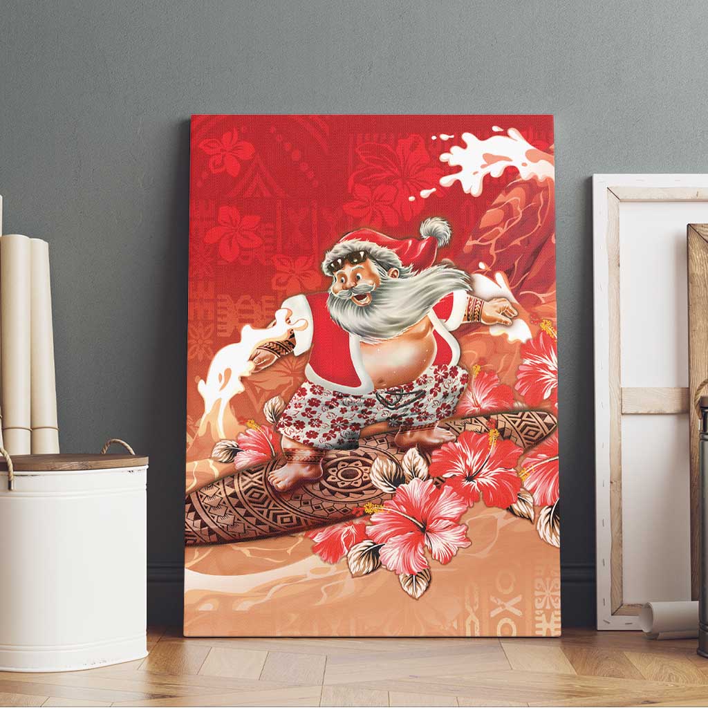 Hawaii Funny Christmas Canvas Wall Art Santa Surfing With Tapa Pattern - Polynesian Pride