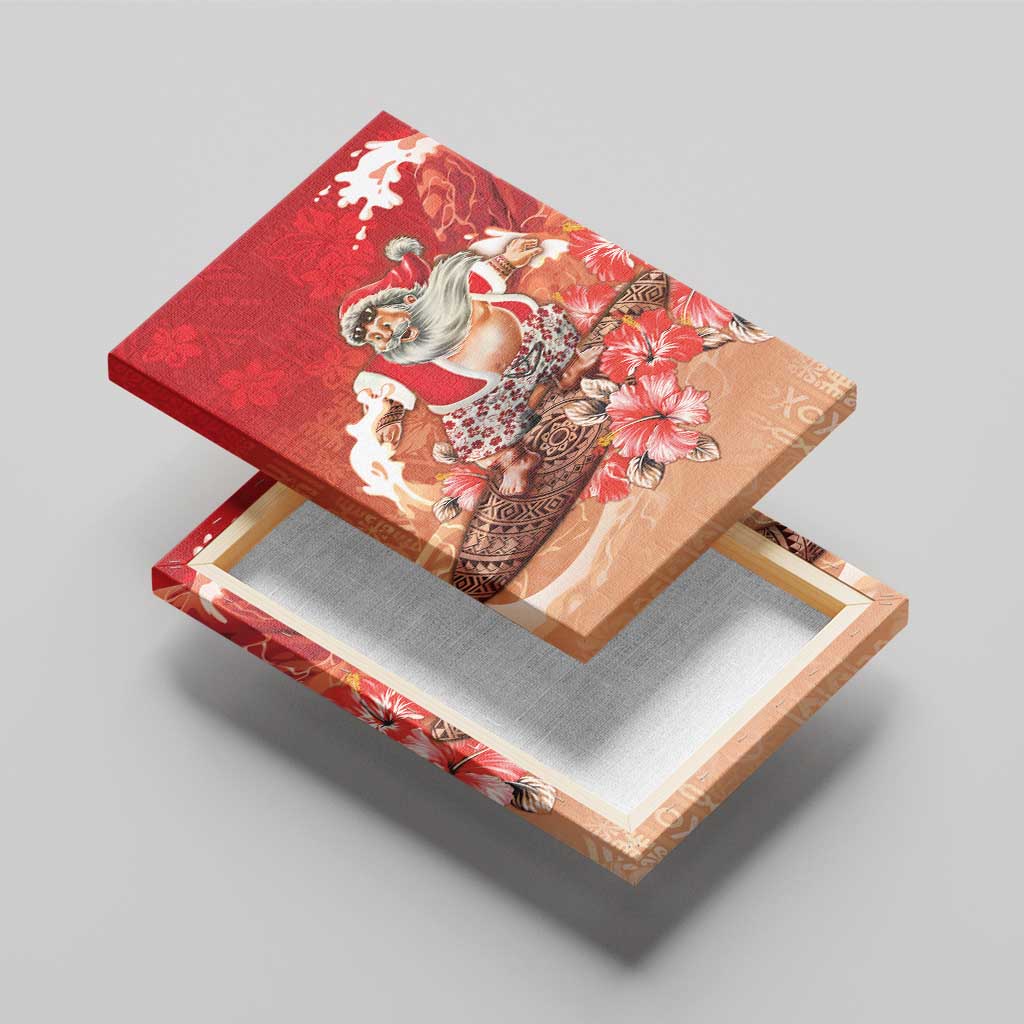 Hawaii Funny Christmas Canvas Wall Art Santa Surfing With Tapa Pattern - Polynesian Pride