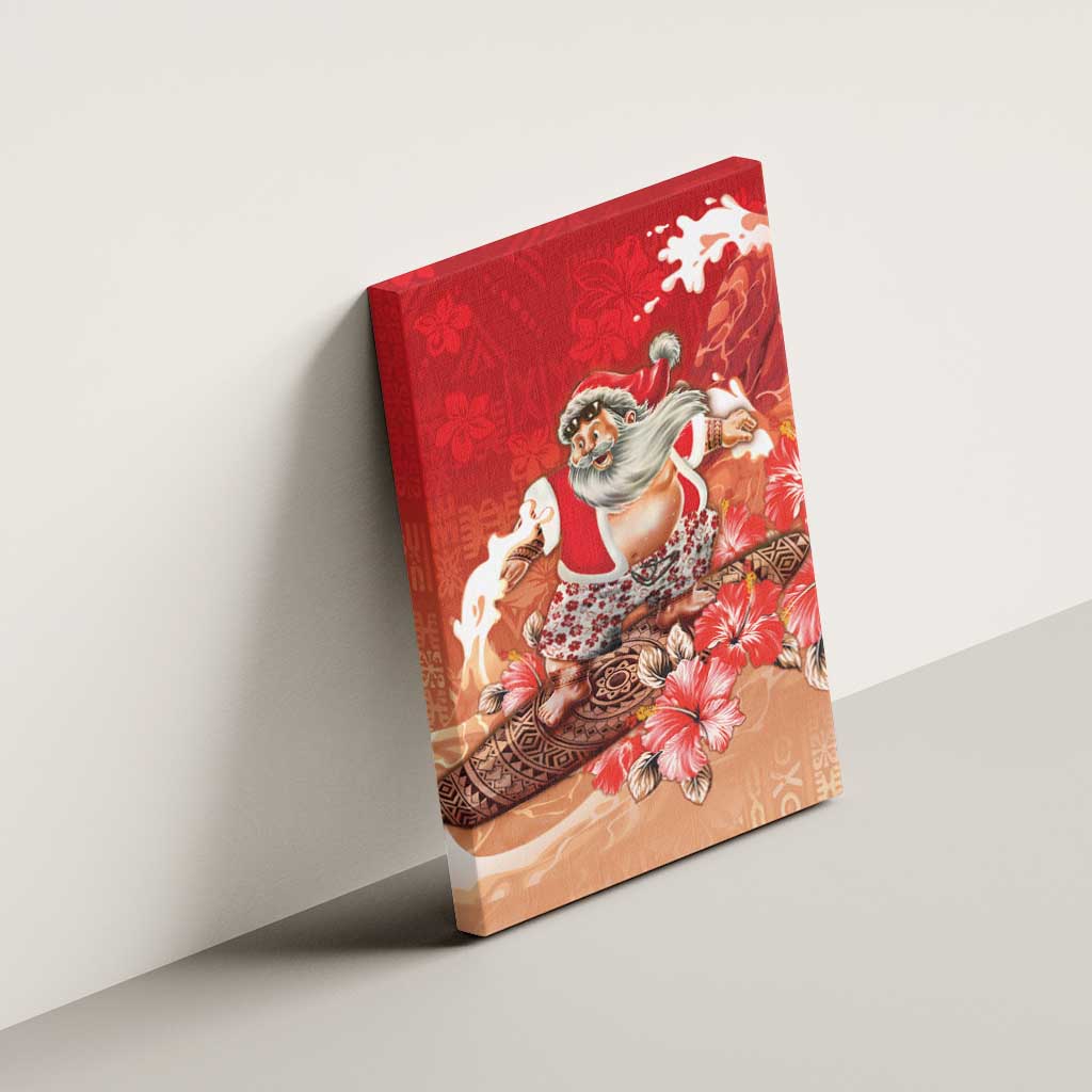 Hawaii Funny Christmas Canvas Wall Art Santa Surfing With Tapa Pattern - Polynesian Pride