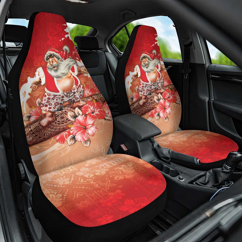 Hawaii Funny Christmas Car Seat Cover Santa Surfing With Tapa Pattern - Polynesian Pride