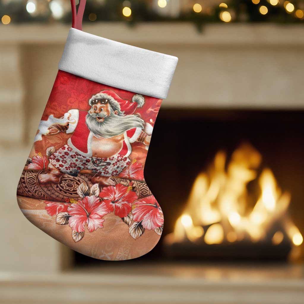Hawaii Funny Christmas Stocking Santa Surfing With Tapa Pattern - Polynesian Pride