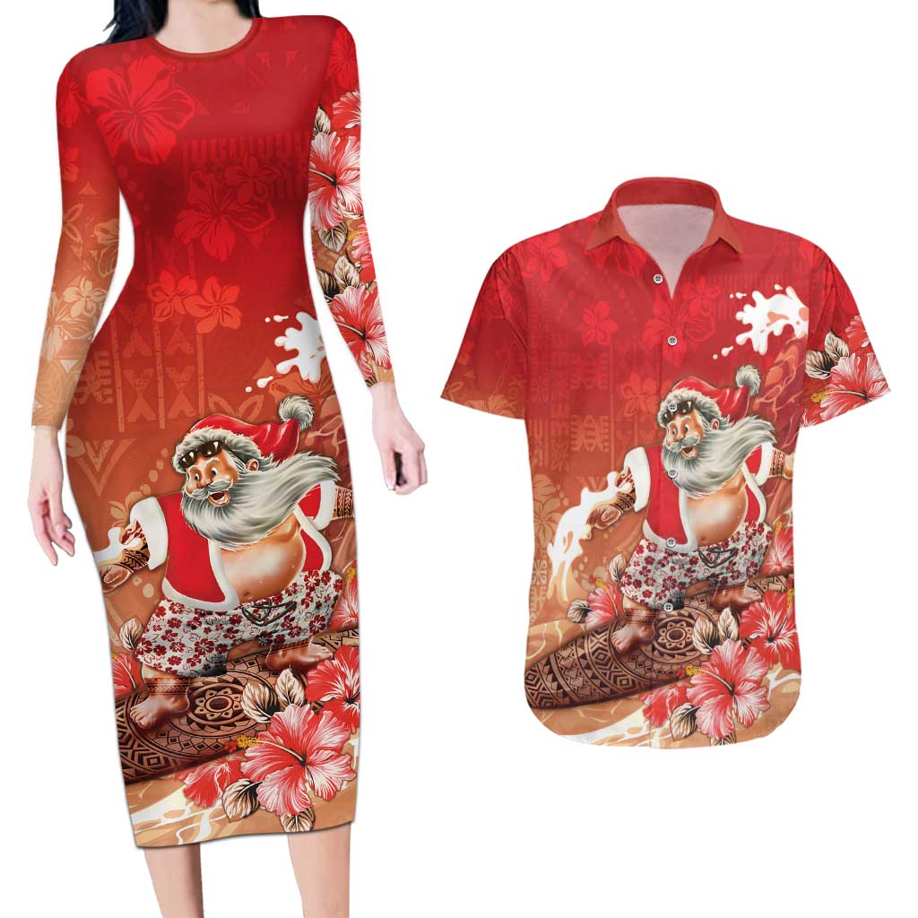 Hawaii Funny Christmas Couples Matching Long Sleeve Bodycon Dress and Hawaiian Shirt Santa Surfing With Tapa Pattern - Polynesian Pride