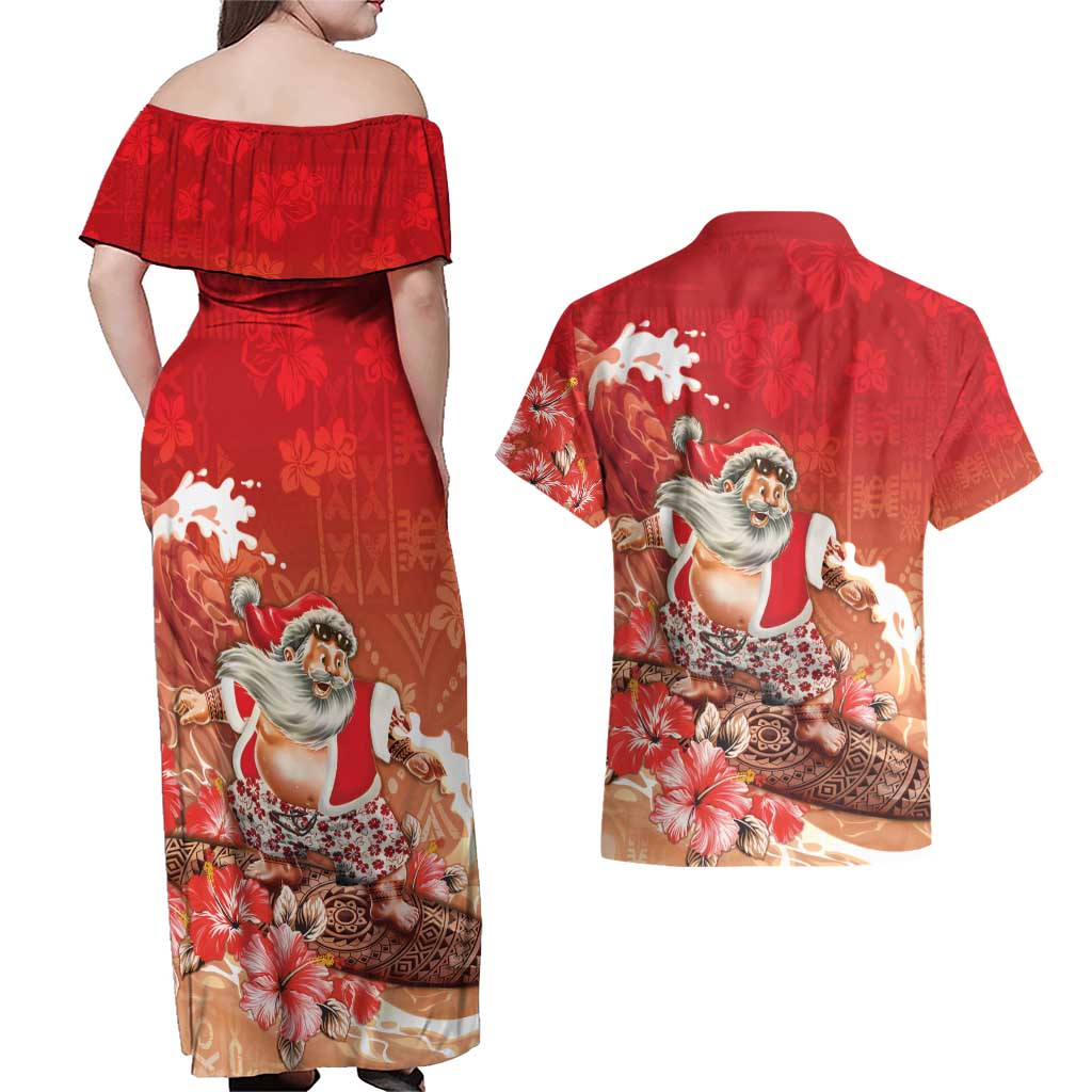 Hawaii Funny Christmas Couples Matching Off Shoulder Maxi Dress and Hawaiian Shirt Santa Surfing With Tapa Pattern - Polynesian Pride