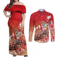 Hawaii Funny Christmas Couples Matching Off Shoulder Maxi Dress and Long Sleeve Button Shirt Santa Surfing With Tapa Pattern - Polynesian Pride