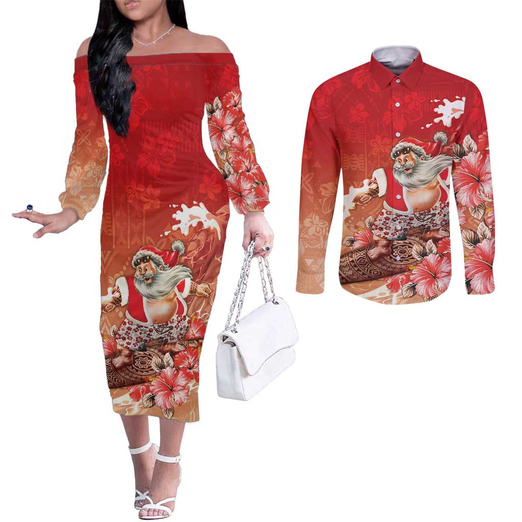 Hawaii Funny Christmas Couples Matching Off The Shoulder Long Sleeve Dress and Long Sleeve Button Shirt Santa Surfing With Tapa Pattern - Polynesian Pride