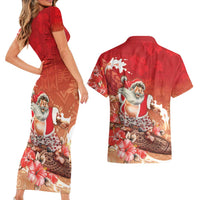 Hawaii Funny Christmas Couples Matching Short Sleeve Bodycon Dress and Hawaiian Shirt Santa Surfing With Tapa Pattern - Polynesian Pride
