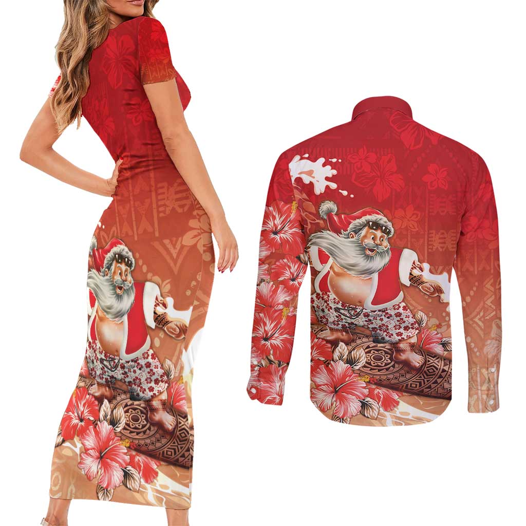 Hawaii Funny Christmas Couples Matching Short Sleeve Bodycon Dress and Long Sleeve Button Shirt Santa Surfing With Tapa Pattern - Polynesian Pride