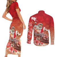Hawaii Funny Christmas Couples Matching Short Sleeve Bodycon Dress and Long Sleeve Button Shirt Santa Surfing With Tapa Pattern - Polynesian Pride