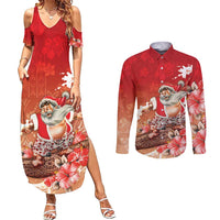 Hawaii Funny Christmas Couples Matching Summer Maxi Dress and Long Sleeve Button Shirt Santa Surfing With Tapa Pattern - Polynesian Pride