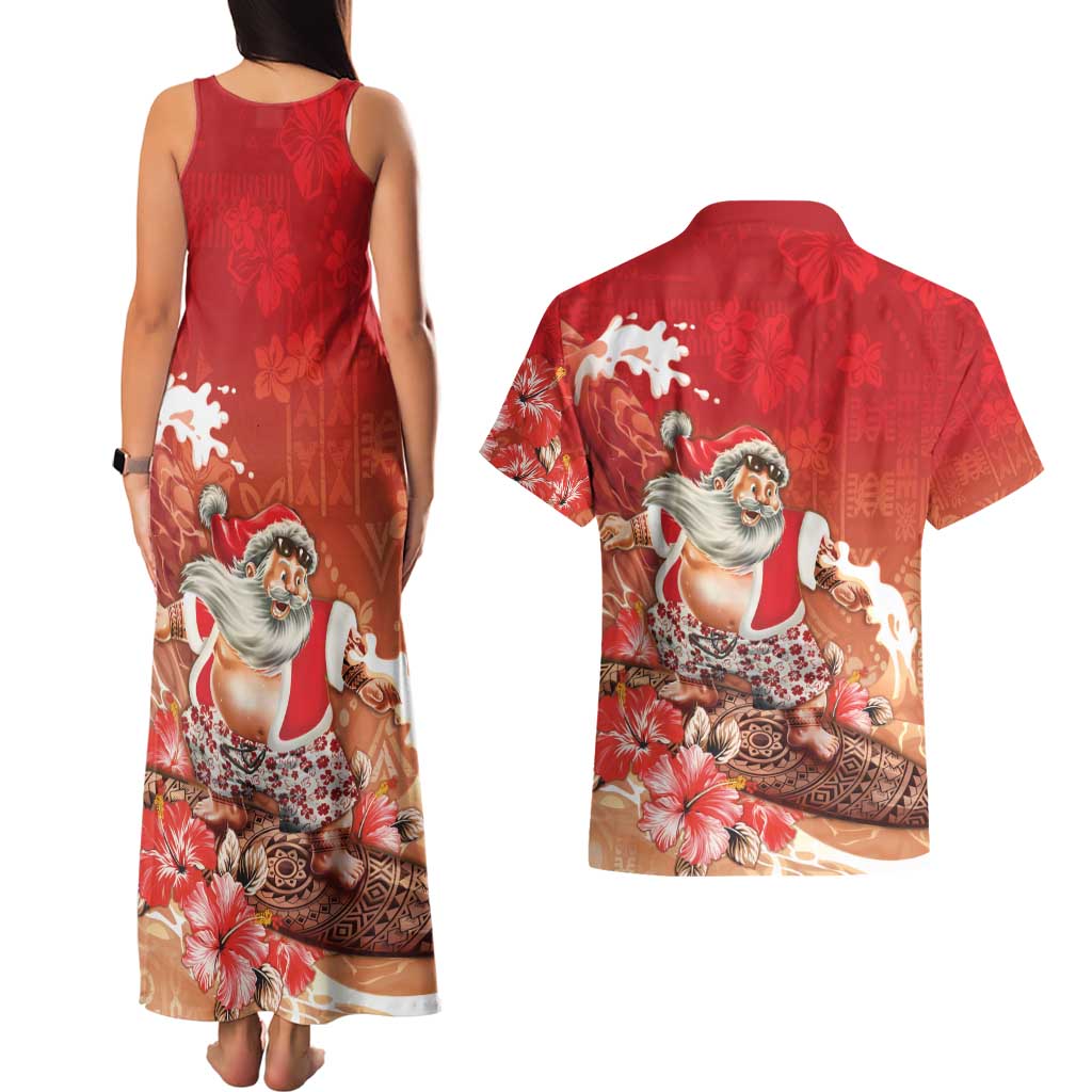 Hawaii Funny Christmas Couples Matching Tank Maxi Dress and Hawaiian Shirt Santa Surfing With Tapa Pattern - Polynesian Pride