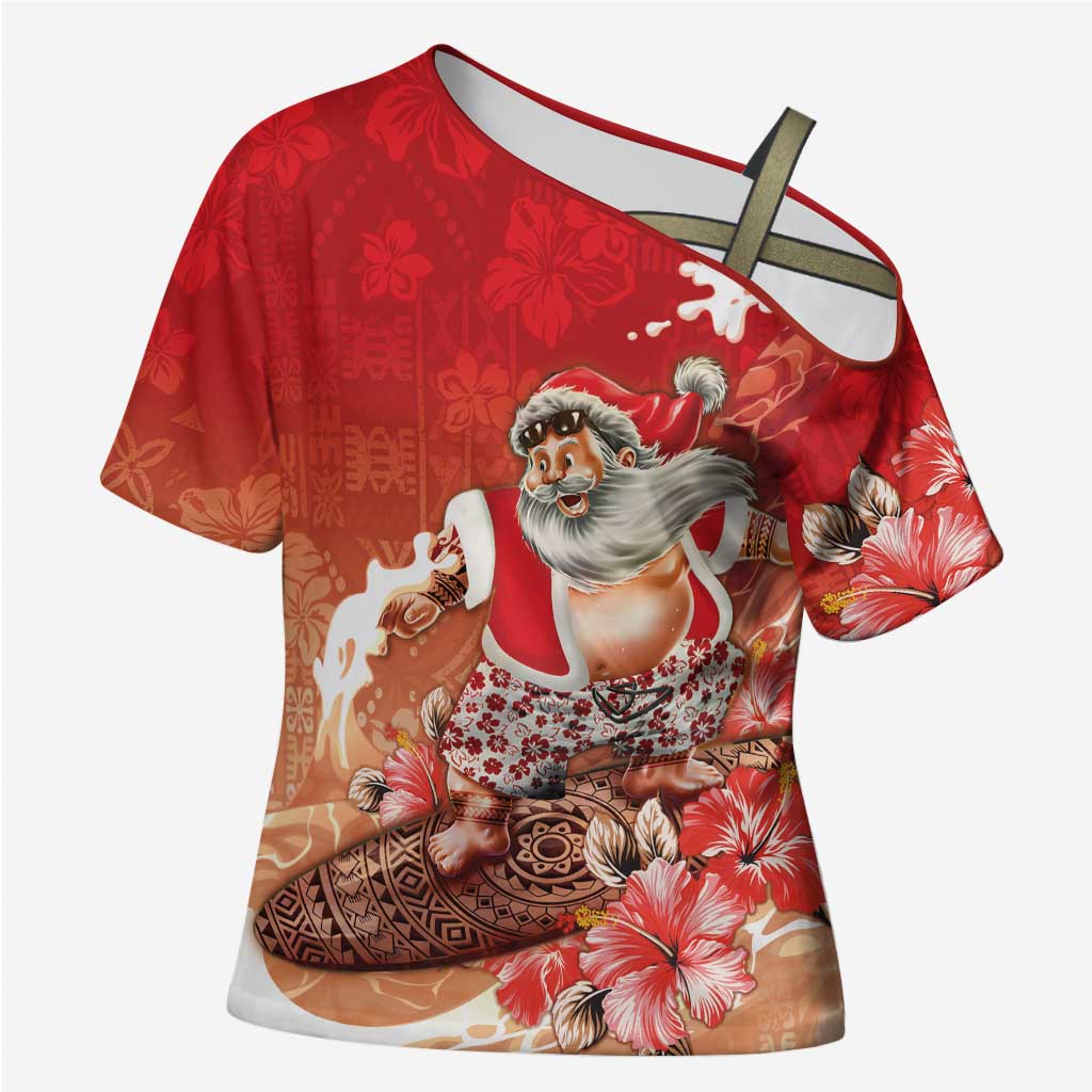 Hawaii Funny Christmas Cross Shoulder Shirt Santa Surfing With Tapa Pattern - Polynesian Pride