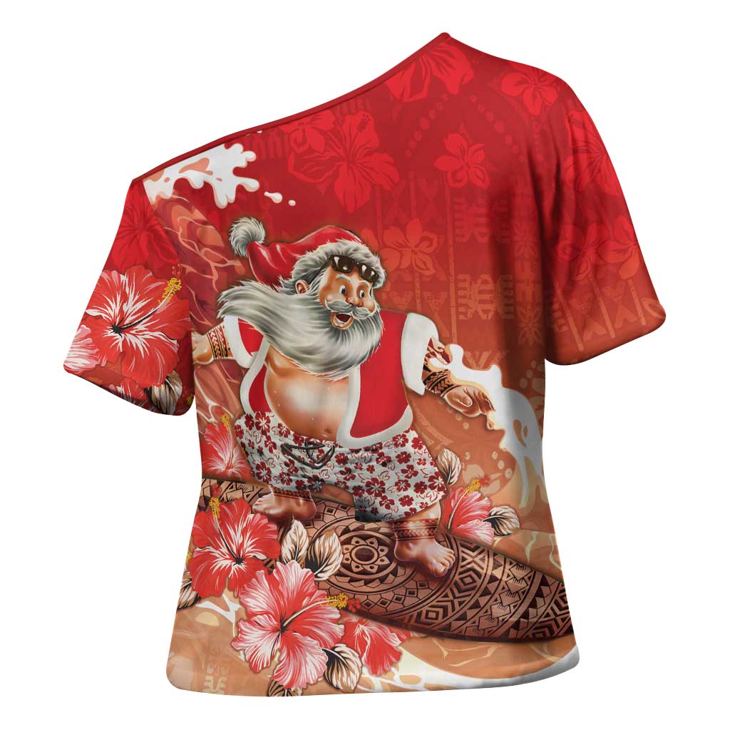 Hawaii Funny Christmas Cross Shoulder Shirt Santa Surfing With Tapa Pattern - Polynesian Pride