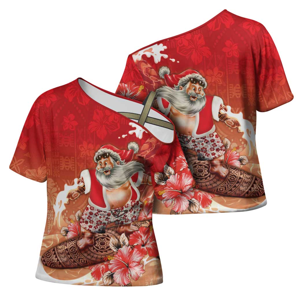 Hawaii Funny Christmas Cross Shoulder Shirt Santa Surfing With Tapa Pattern - Polynesian Pride