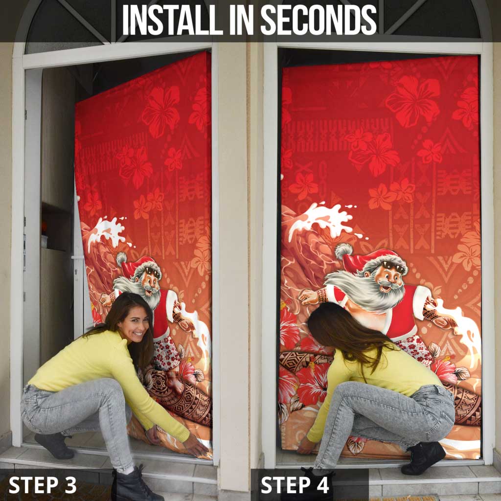 Hawaii Funny Christmas Door Cover Santa Surfing With Tapa Pattern - Polynesian Pride