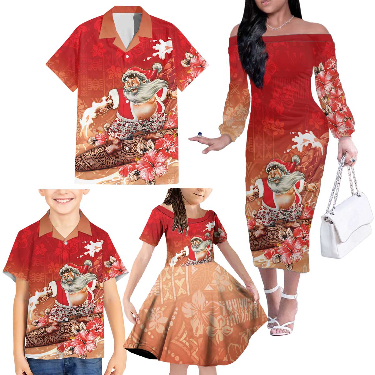 Hawaii Funny Christmas Family Matching Off The Shoulder Long Sleeve Dress and Hawaiian Shirt Santa Surfing With Tapa Pattern - Polynesian Pride
