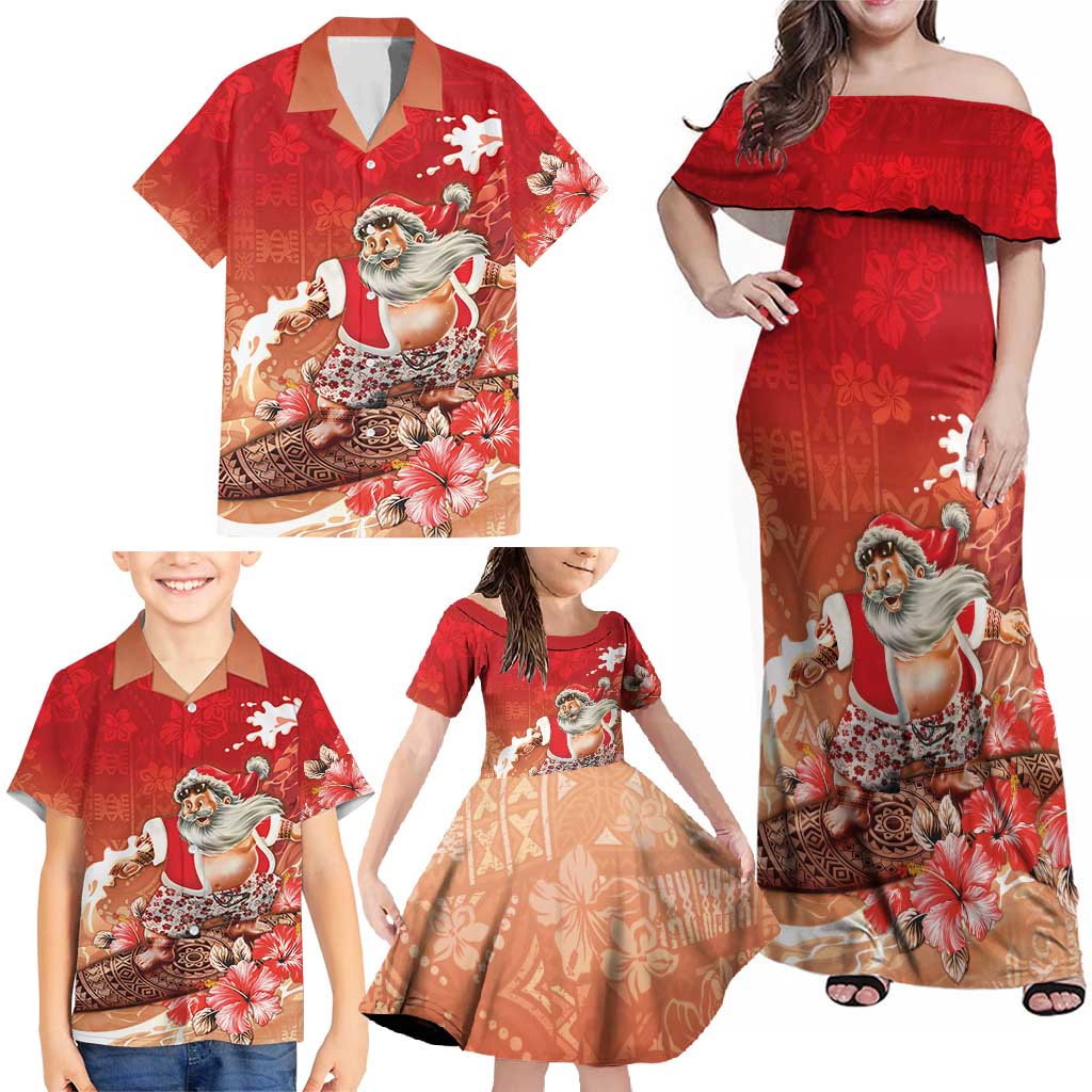 Hawaii Funny Christmas Family Matching Off Shoulder Maxi Dress and Hawaiian Shirt Santa Surfing With Tapa Pattern - Polynesian Pride