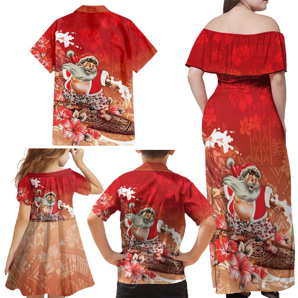 Hawaii Funny Christmas Family Matching Off Shoulder Maxi Dress and Hawaiian Shirt Santa Surfing With Tapa Pattern - Polynesian Pride
