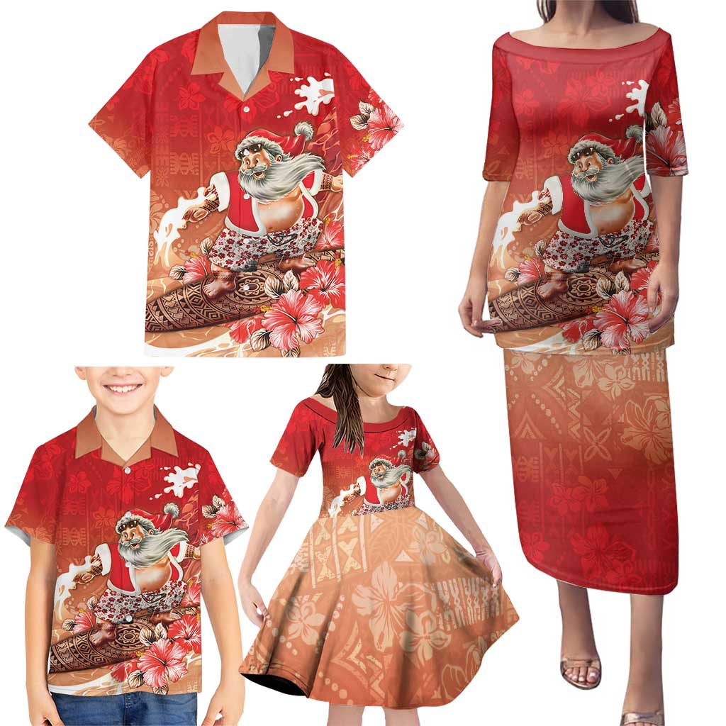 Hawaii Funny Christmas Family Matching Puletasi and Hawaiian Shirt Santa Surfing With Tapa Pattern - Polynesian Pride