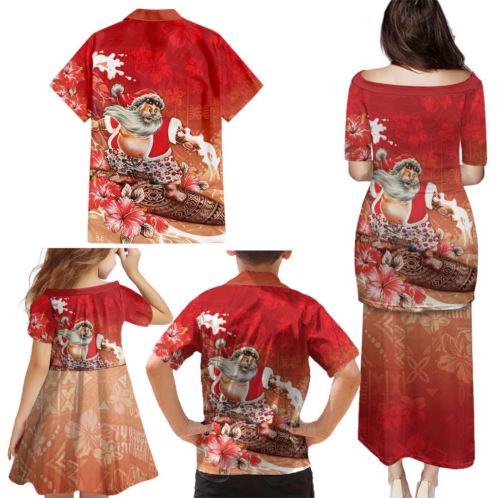 Hawaii Funny Christmas Family Matching Puletasi and Hawaiian Shirt Santa Surfing With Tapa Pattern - Polynesian Pride