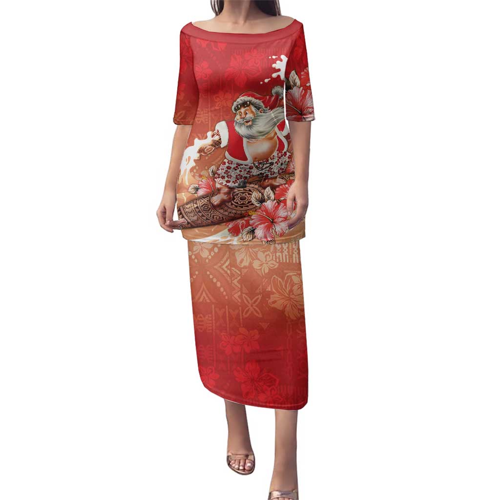 Hawaii Funny Christmas Family Matching Puletasi and Hawaiian Shirt Santa Surfing With Tapa Pattern - Polynesian Pride