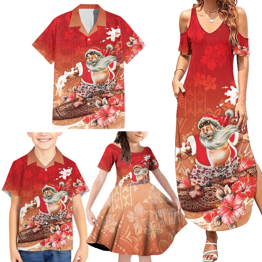 Hawaii Funny Christmas Family Matching Summer Maxi Dress and Hawaiian Shirt Santa Surfing With Tapa Pattern - Polynesian Pride