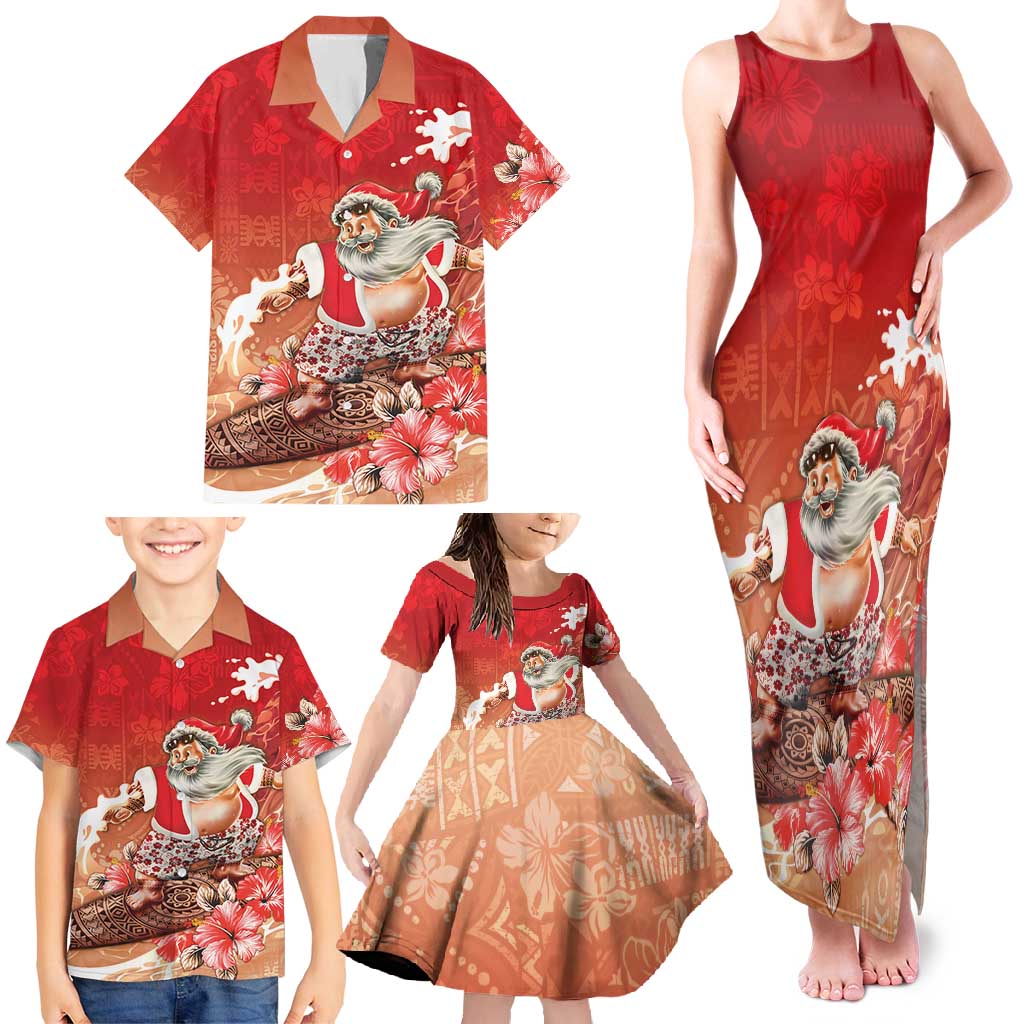 Hawaii Funny Christmas Family Matching Tank Maxi Dress and Hawaiian Shirt Santa Surfing With Tapa Pattern - Polynesian Pride