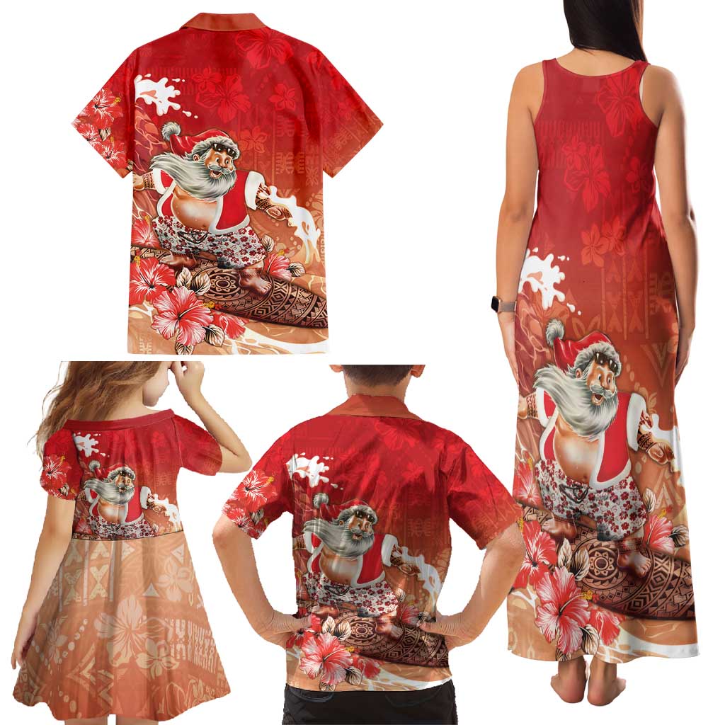 Hawaii Funny Christmas Family Matching Tank Maxi Dress and Hawaiian Shirt Santa Surfing With Tapa Pattern - Polynesian Pride