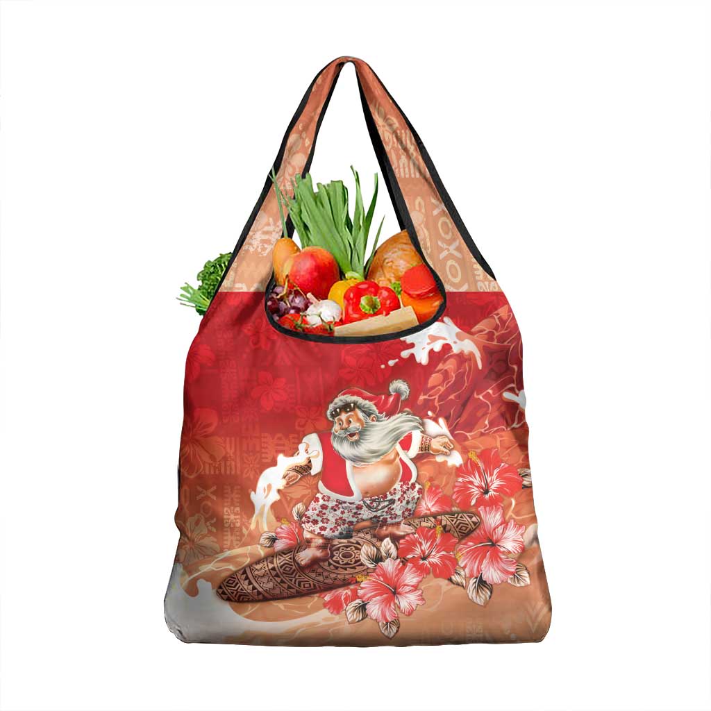 Hawaii Funny Christmas Grocery Bag Santa Surfing With Tapa Pattern - Polynesian Pride