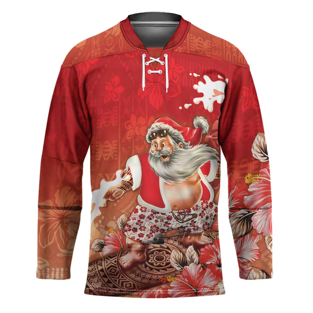 Hawaii Funny Christmas Hockey Jersey Santa Surfing With Tapa Pattern - Polynesian Pride