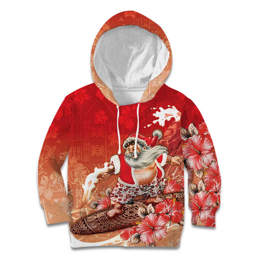 Hawaii Funny Christmas Kid Hoodie Santa Surfing With Tapa Pattern - Polynesian Pride