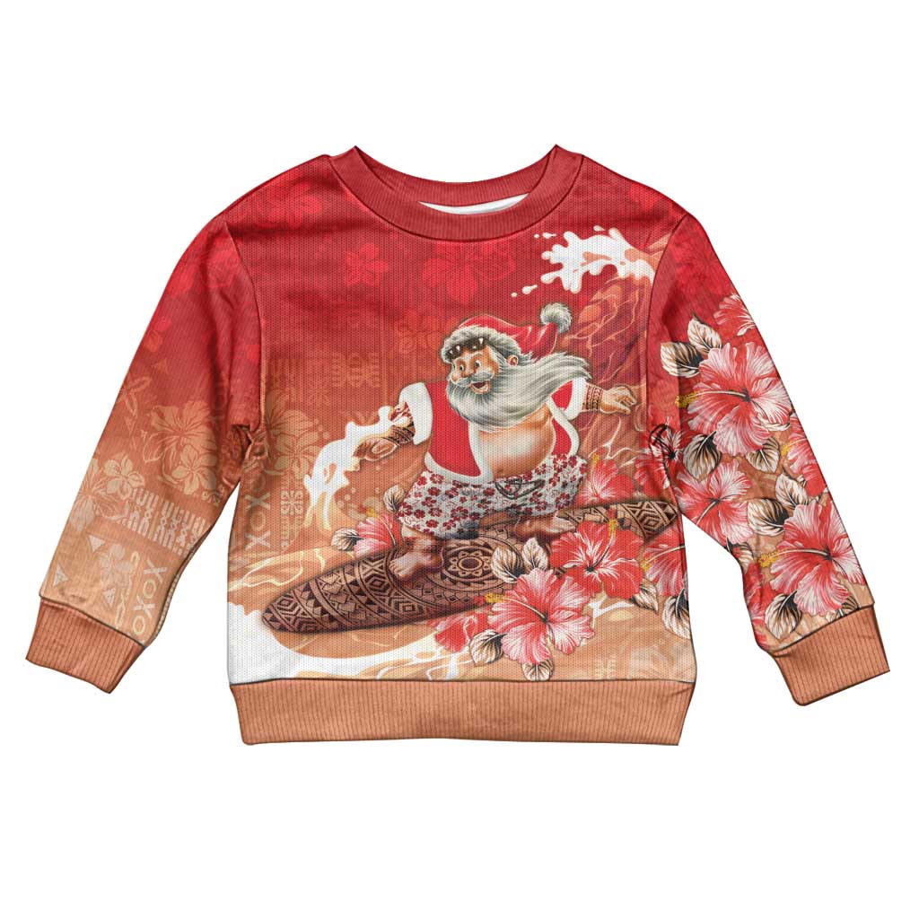 Hawaii Funny Christmas Kid Ugly Christmas Sweater Santa Surfing With Tapa Pattern - Polynesian Pride