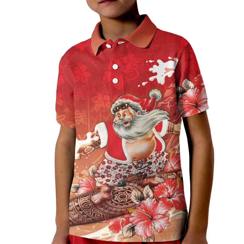 Hawaii Funny Christmas Kid Polo Shirt Santa Surfing With Tapa Pattern - Polynesian Pride