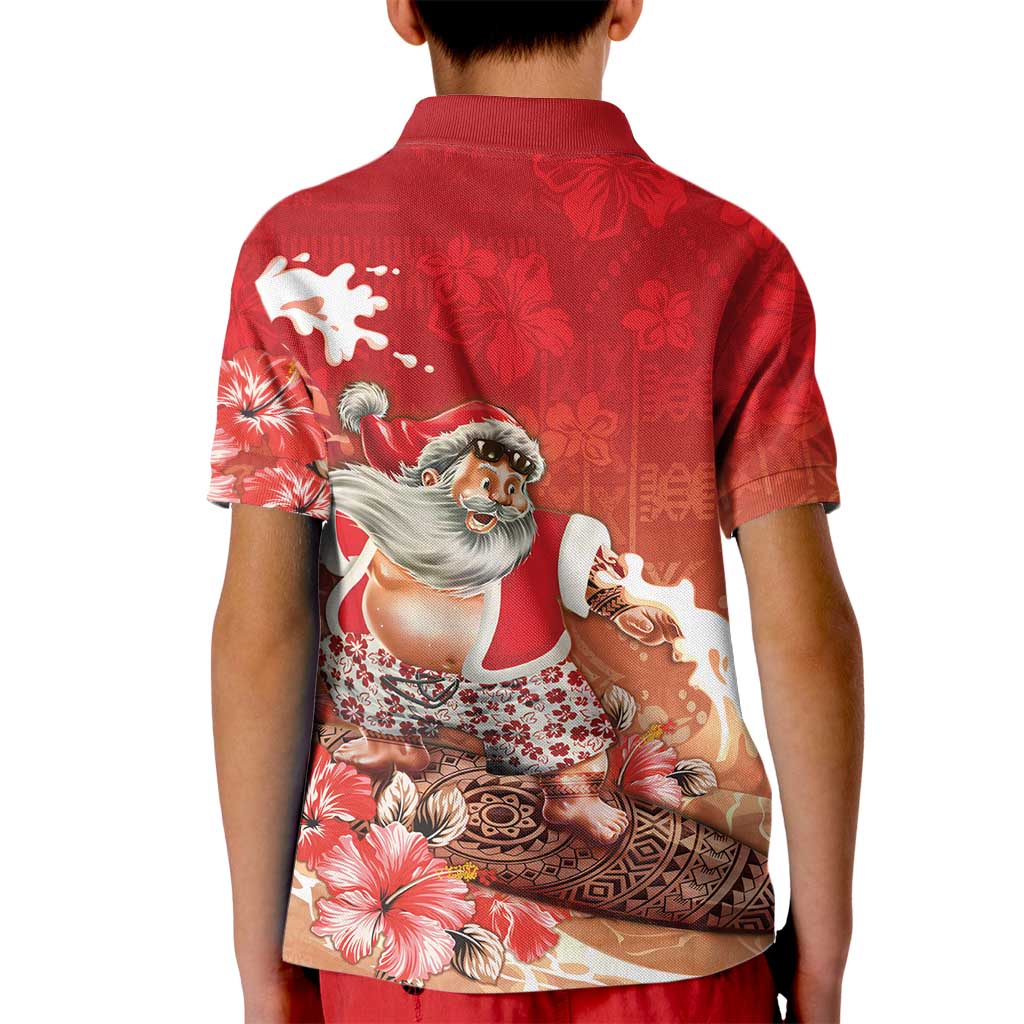 Hawaii Funny Christmas Kid Polo Shirt Santa Surfing With Tapa Pattern - Polynesian Pride