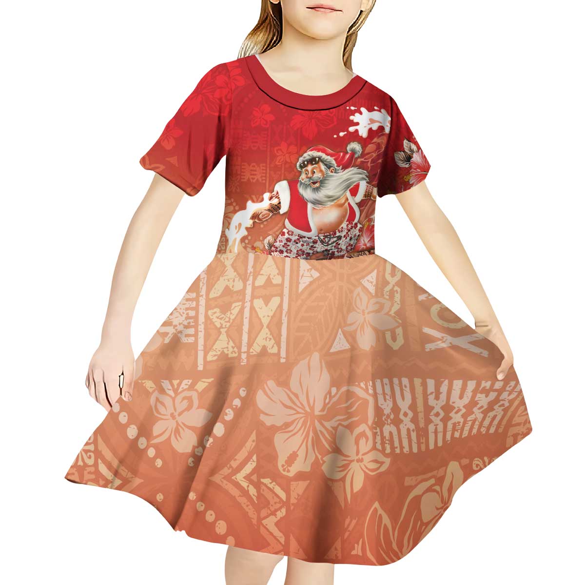 Hawaii Funny Christmas Kid Short Sleeve Dress Santa Surfing With Tapa Pattern - Polynesian Pride