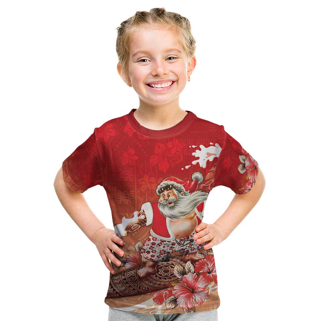 Hawaii Funny Christmas Kid T Shirt Santa Surfing With Tapa Pattern - Polynesian Pride