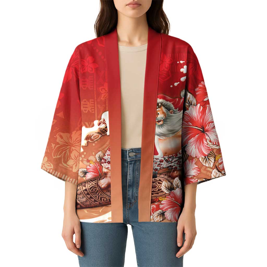 Hawaii Funny Christmas Kimono Santa Surfing With Tapa Pattern - Polynesian Pride