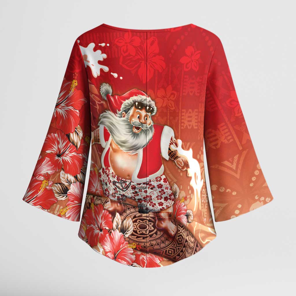 Hawaii Funny Christmas Kimono Sleeve Blouse Santa Surfing With Tapa Pattern - Polynesian Pride