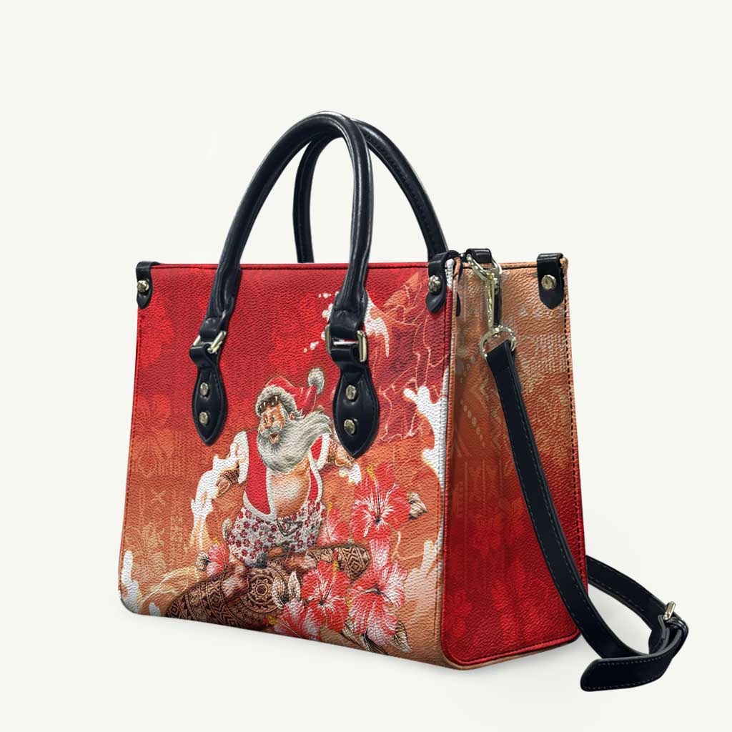 Hawaii Funny Christmas Leather Bag Santa Surfing With Tapa Pattern - Polynesian Pride