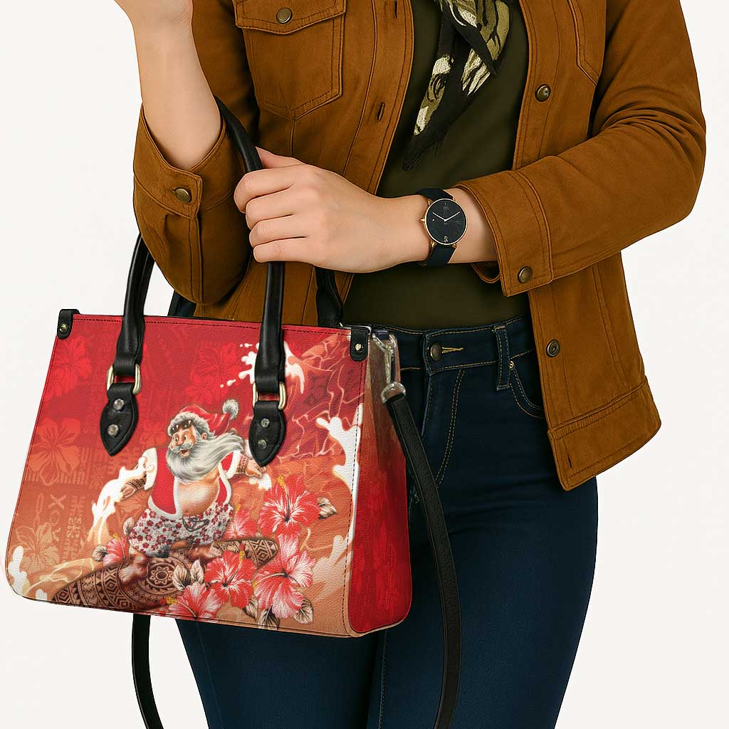 Hawaii Funny Christmas Leather Bag Santa Surfing With Tapa Pattern - Polynesian Pride