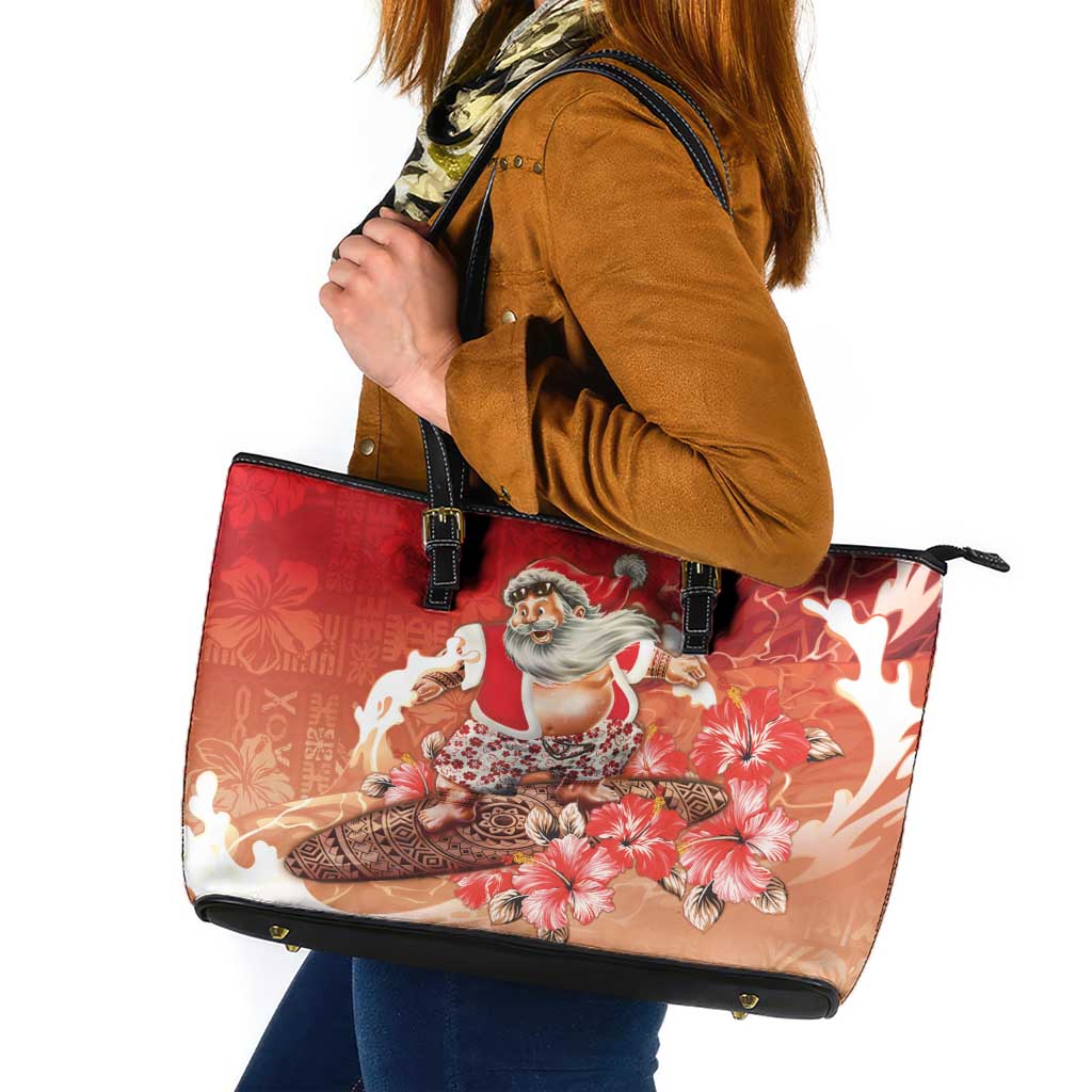 Hawaii Funny Christmas Leather Tote Bag Santa Surfing With Tapa Pattern - Polynesian Pride