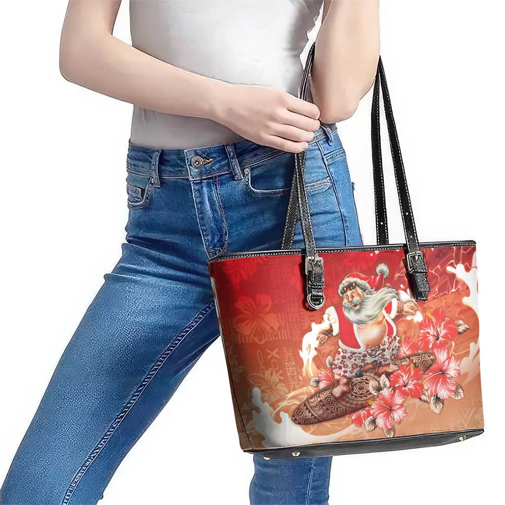 Hawaii Funny Christmas Leather Tote Bag Santa Surfing With Tapa Pattern - Polynesian Pride