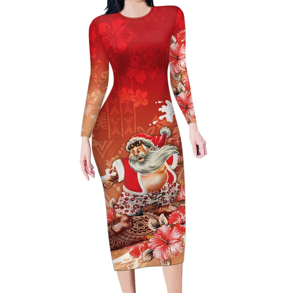 Hawaii Funny Christmas Long Sleeve Bodycon Dress Santa Surfing With Tapa Pattern - Polynesian Pride