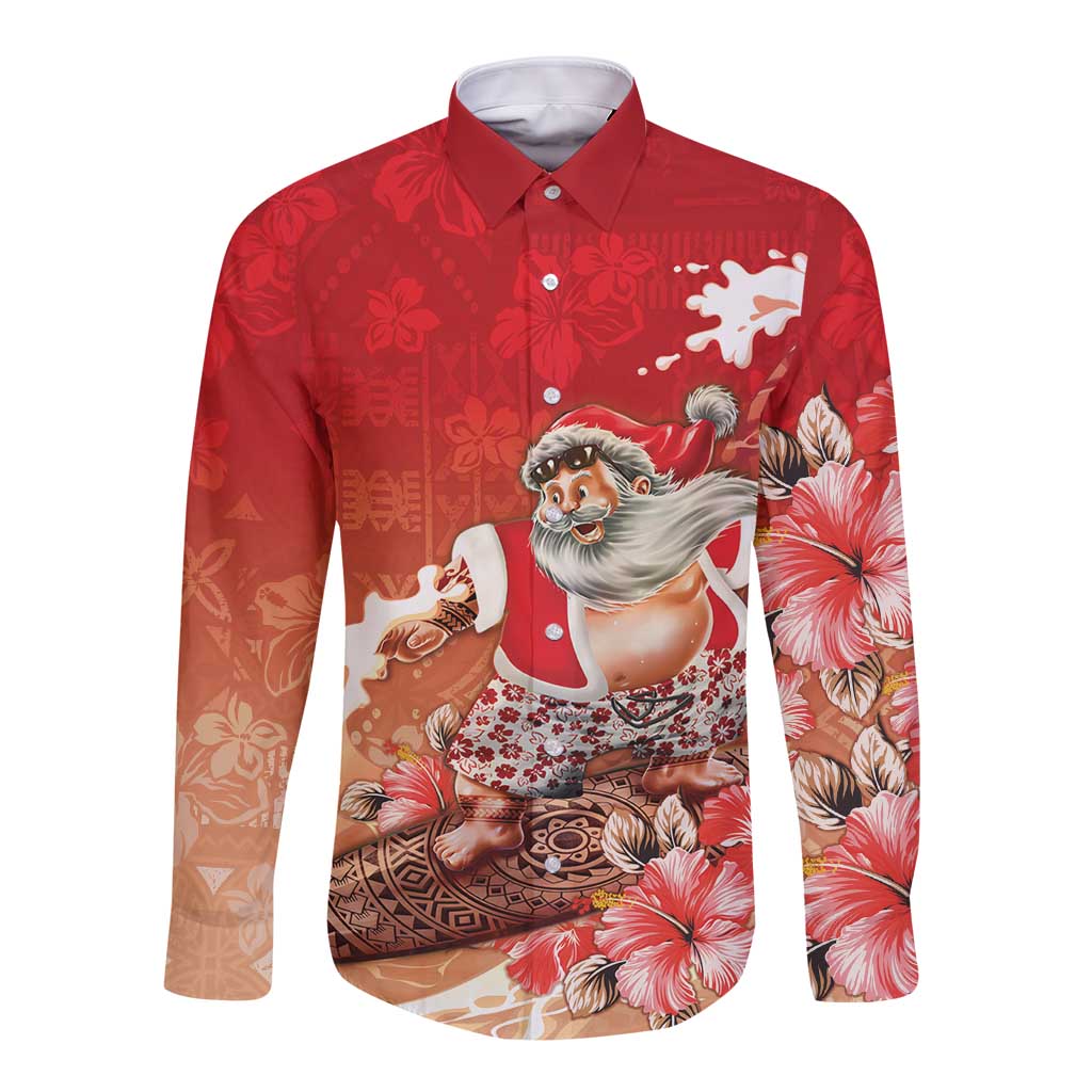 Hawaii Funny Christmas Long Sleeve Button Shirt Santa Surfing With Tapa Pattern - Polynesian Pride